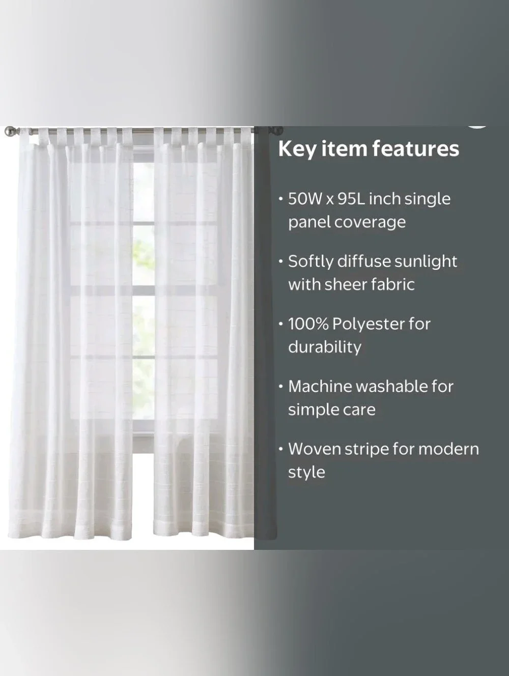 Mainstays Woven Stripe Sheer Tab Top Curtain, Single Panel, White, 50